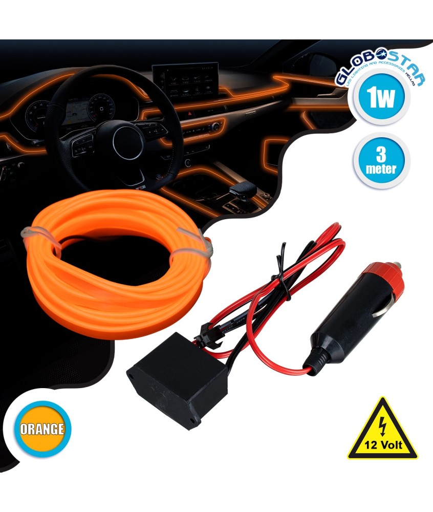 GloboStar® 82201 TUBE 360° Degree Διακοσμητική EL-Wire Neon Αυτοκινήτου Κορδόνι ΣΕΤ 3m 1W-3m 30lm-m 360° DC 12V με Βύσμα Αναπτήρα Αυτοκινήτου Αδιάβροχη IP68 Πορτοκαλί